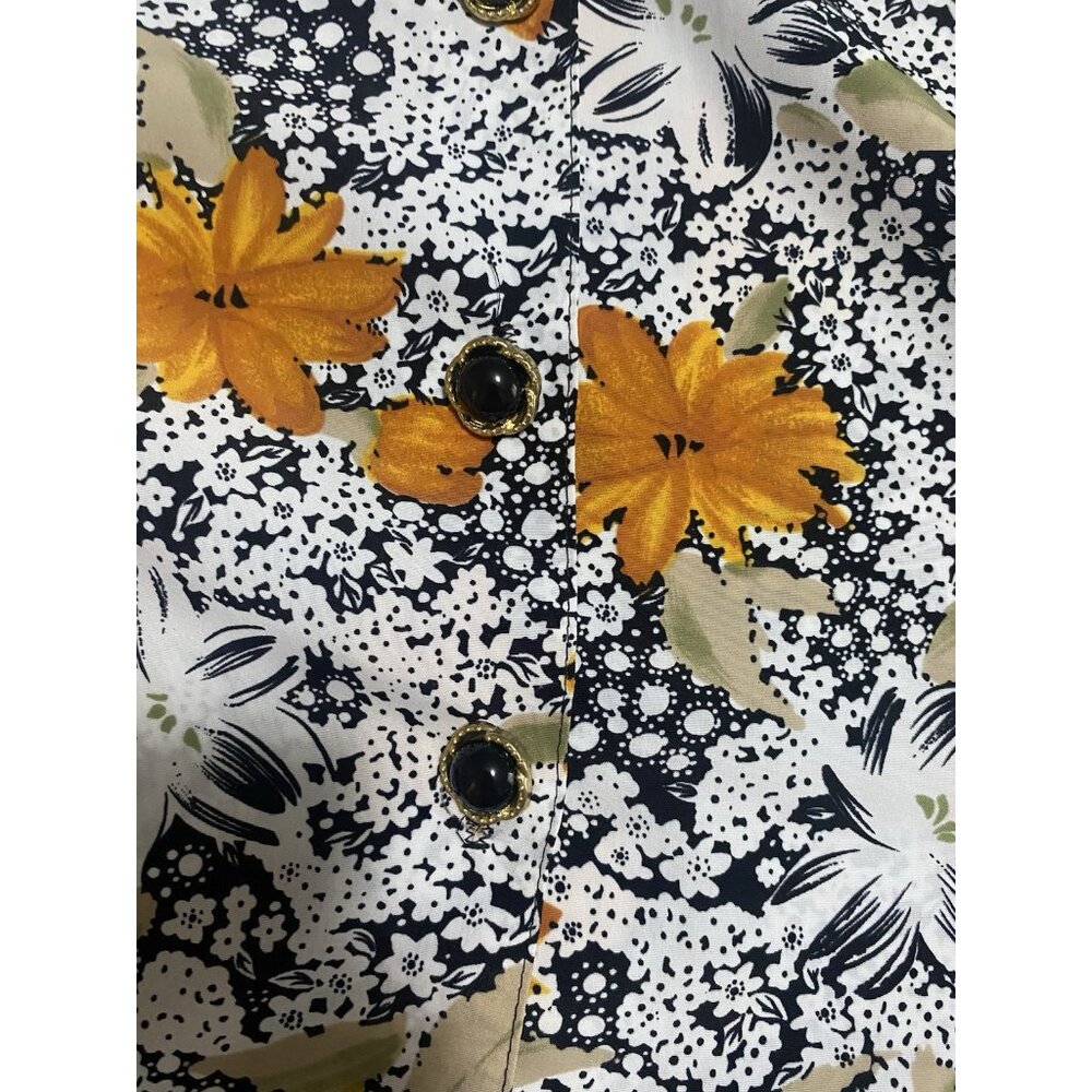 JAS Vintage Dress 2X Floral Midi Short Sleeves Collar Belted Pocket Black Yellow - Picture 6 of 15